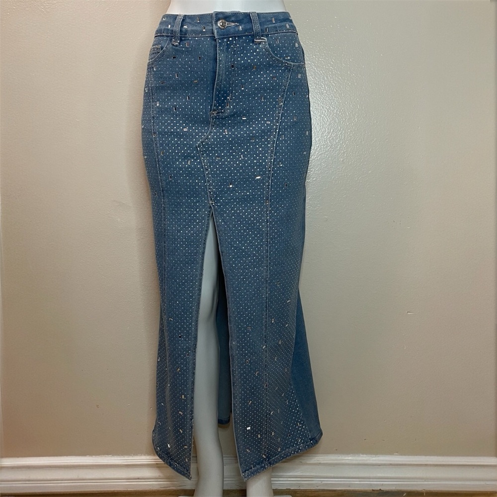 Blue denim with rhinestone details high slit maxi skirt